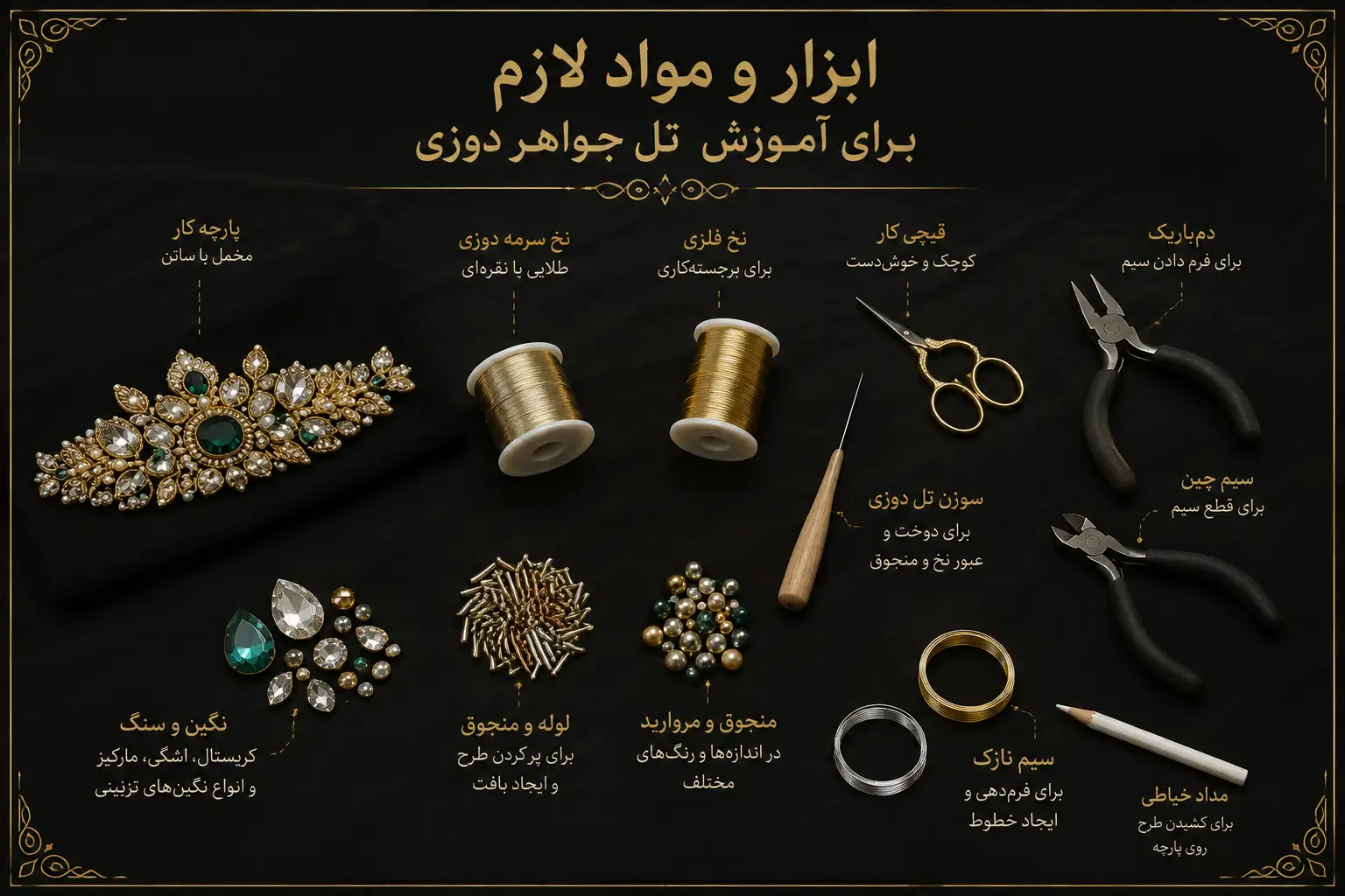 ابزار و مواد لازم برای آموزش تل جواهر دوزی-سوادابه داوودی