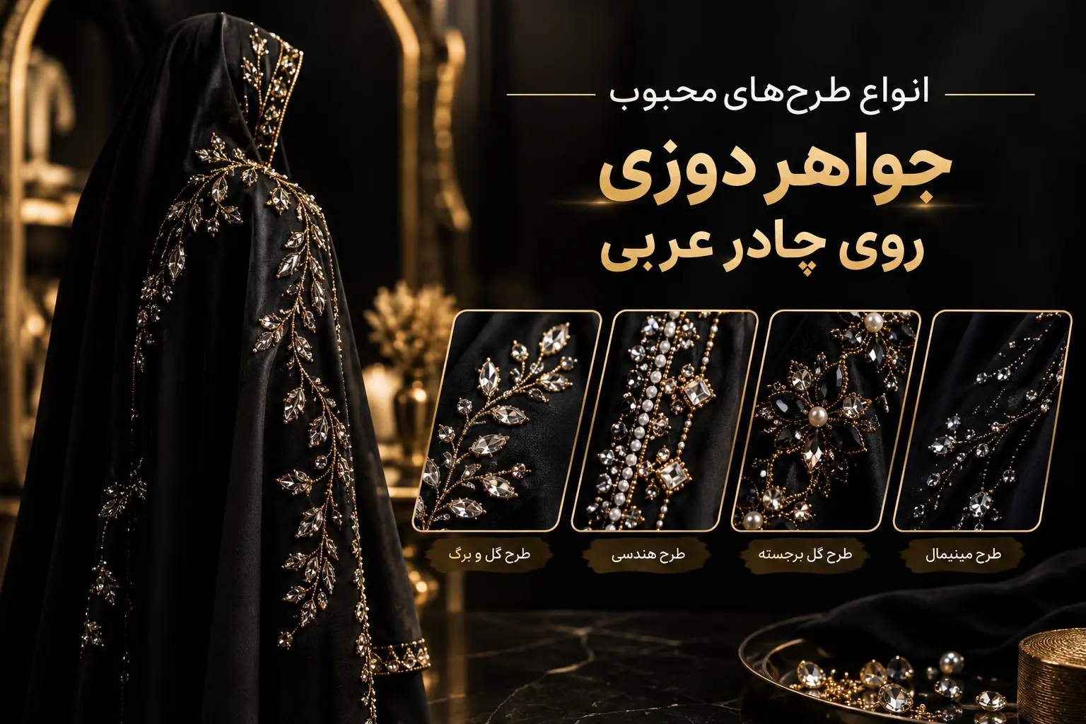 انواع طرح‌های محبوب جواهر دوزی روی چادر عربی